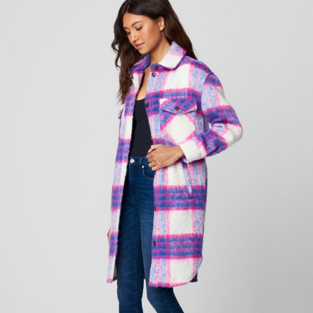 BLANK NYC Prime Time Blue Plaid Brushed Long Shacket With Pockets
